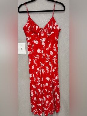 Here Comes the Sun Red White Floral Midi Dress Rayon Sundress Size M